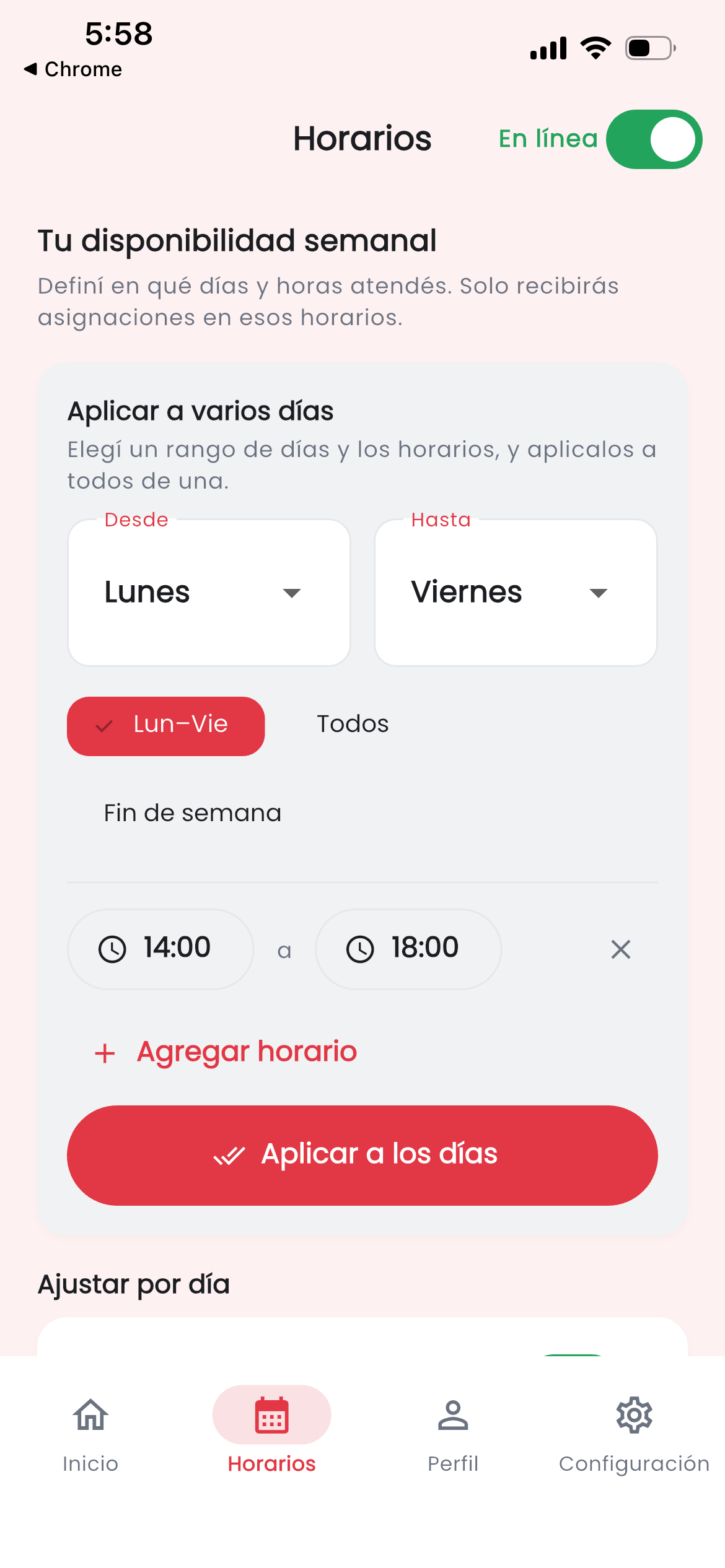 El técnico define su disponibilidad semanal.