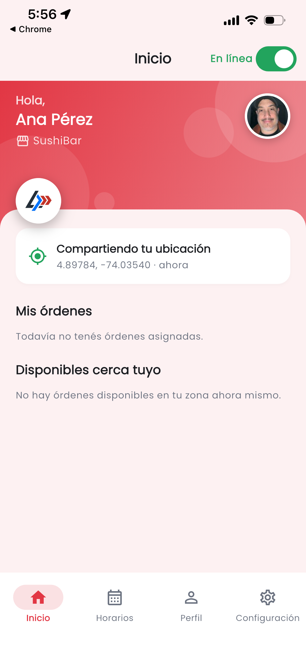 Detalle de la orden en la app del técnico con mapa, distancia y acciones.