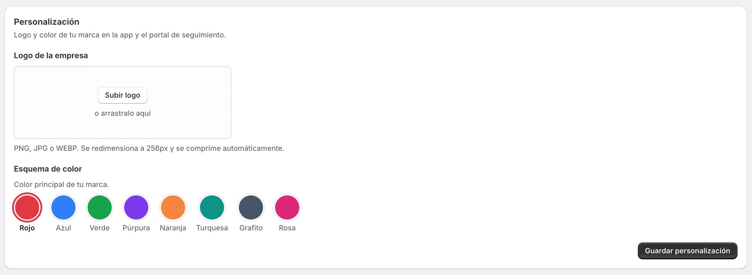 Personalización de marca: logo y esquema de color.