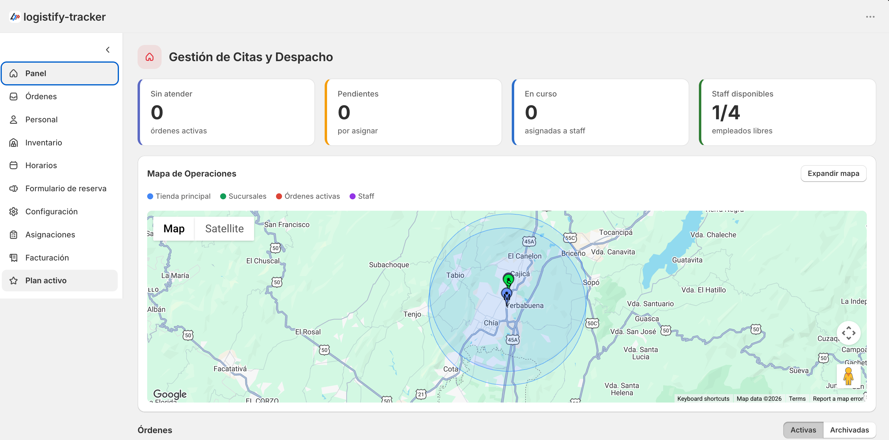 Panel de despacho con KPIs y mapa de operaciones.