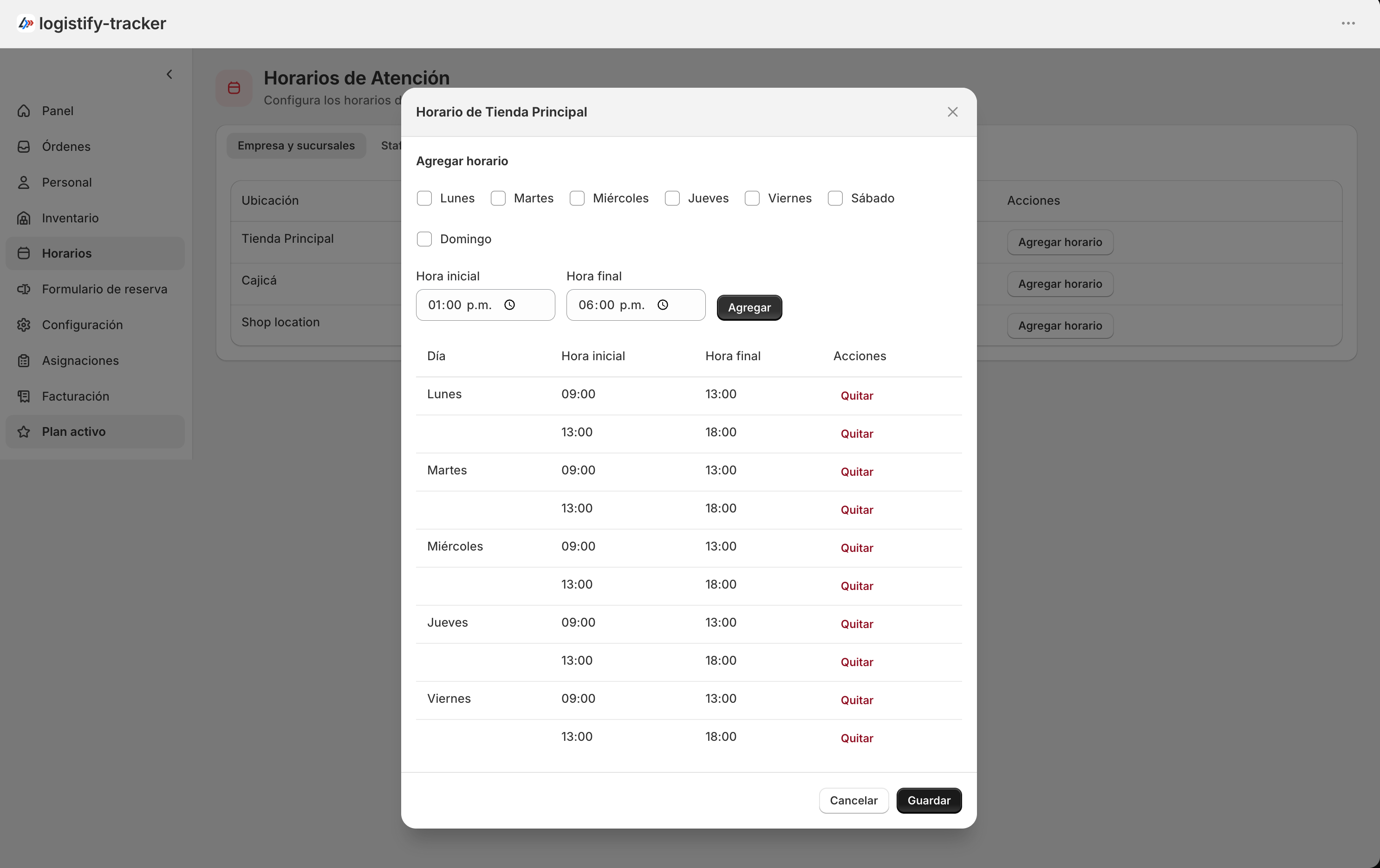 Configuración de horarios de una sucursal.