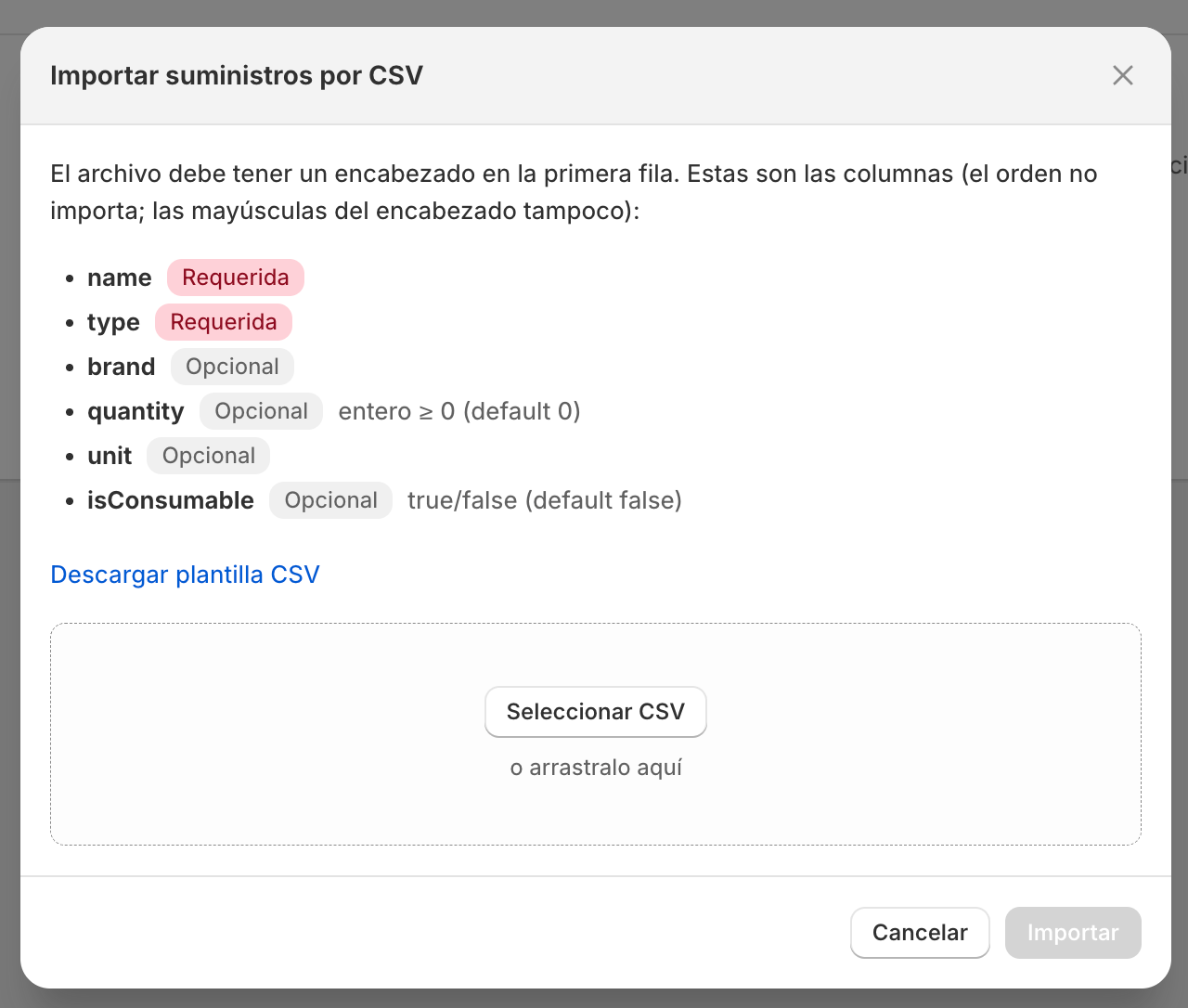 Importación de suministros por CSV.