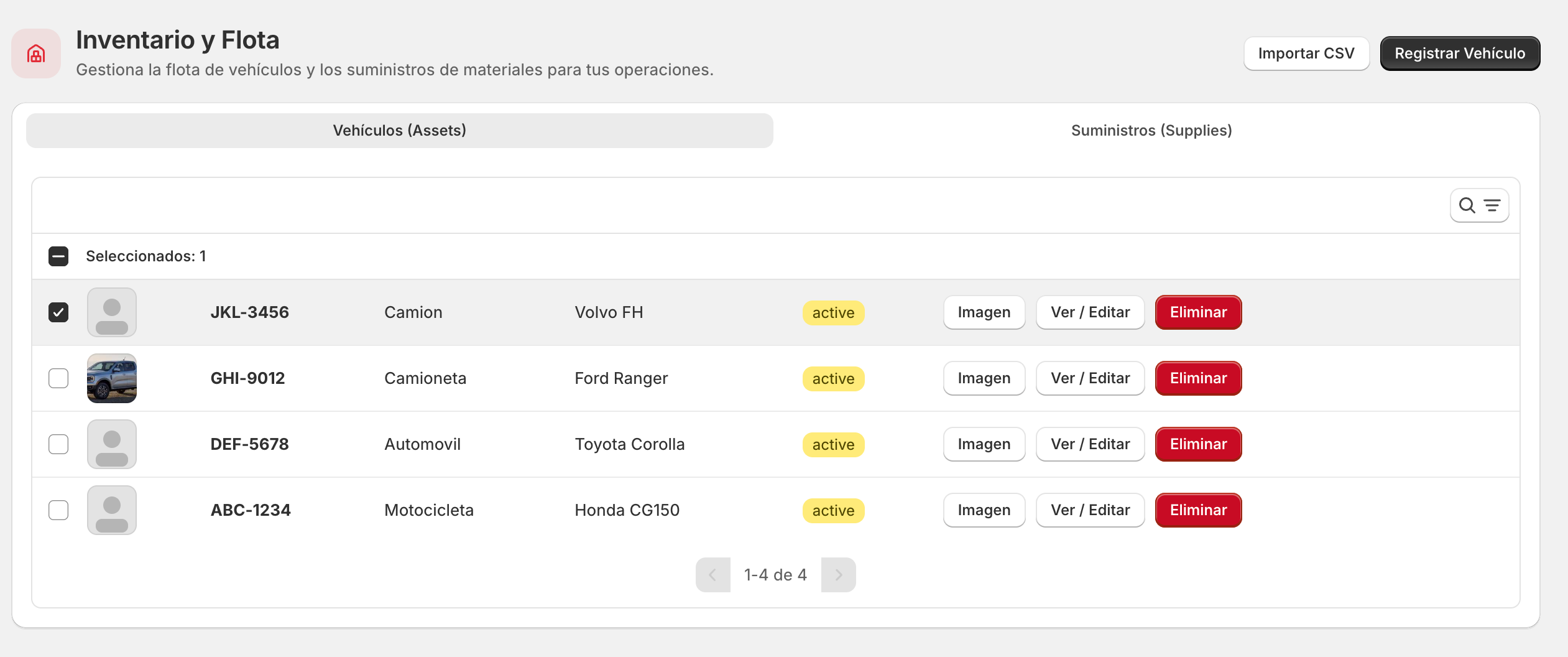Listado de la flota de vehículos.