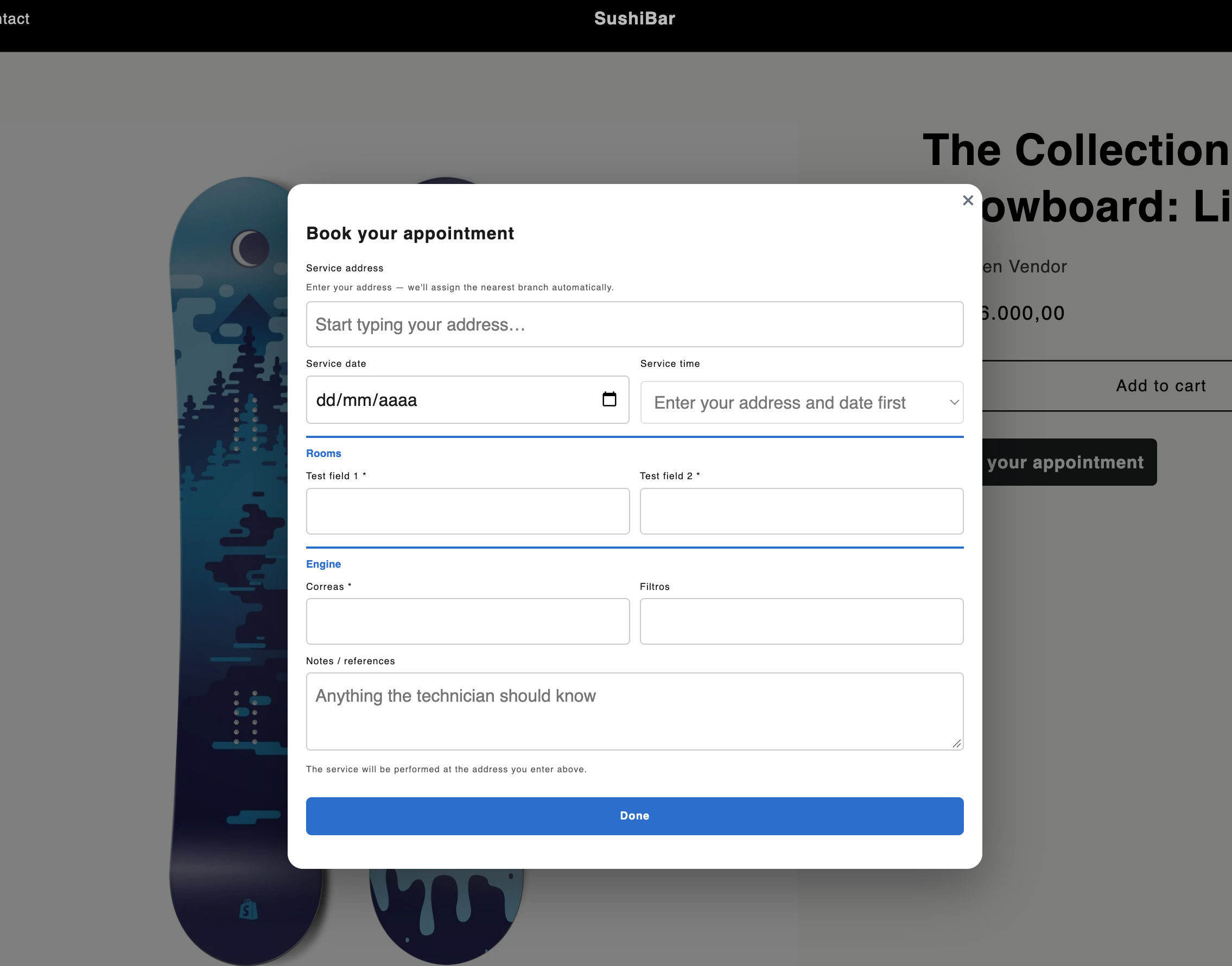 Modal de reserva en la tienda: dirección, fecha, hora y notas para el técnico.